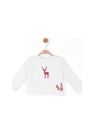 Nk Kids Kız Çocuk Parlak Kırmızı Geyik Desenli Sweatshirt-13488 Ekru