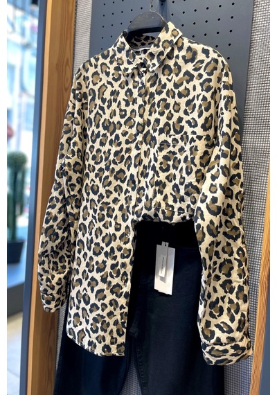 Femelle Kadın Tek Cepli Leopar Desen %100 Pamuk Oversize Gömlek kahverengi