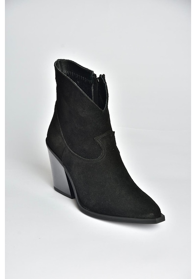 Fox Shoes V654081902 Siyah Hakiki Deri Süet Kalın Topuklu Western Kovboy Kadın Bot Siyah