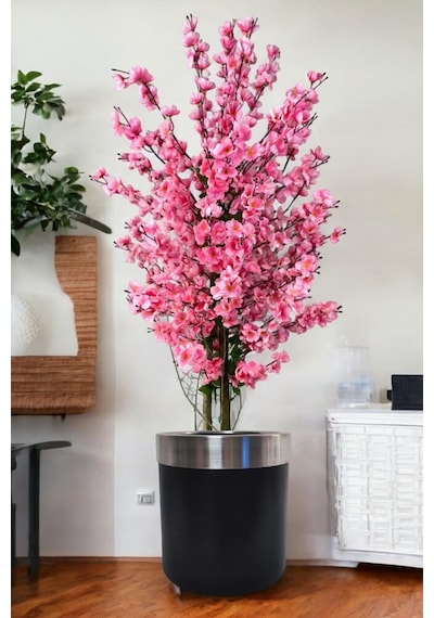 Yapay Pembe Bahar Dalı Ağacı 160 Cm Siyah Gümüş Saksıda Yeşil