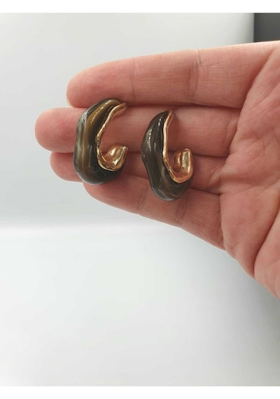 Akrilik Acı Kahve Gold Detaylı Retro Küpe Kahverengi