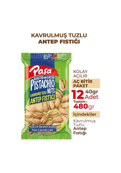 Kavrulmuş Tuzlu Antep Fıstığı, 40gr X 12 Paket, Toplam 480gr 0.75 LT - 2.5 LT - 12 KG