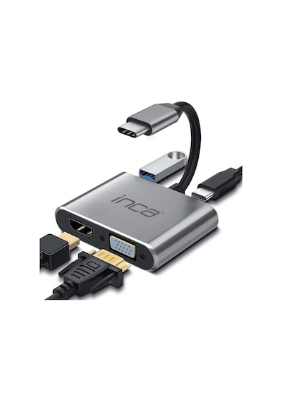 Inca Itpc-06tx Usb C 4in1 - Hdmı+vga+usb+güç Dağıtım Adap 4k 30hz Hdmı Çoklayıcı 100w Pd Güçı