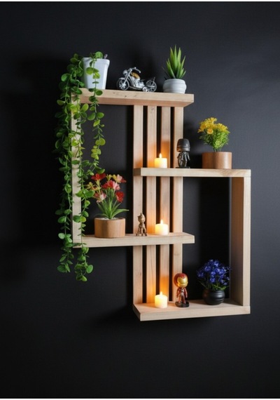 Delmeden Montaj Ahşap Duvar Rafı - 60x50 Cm Çift Taraflı Bant Uyumlu Modern Raf Bej