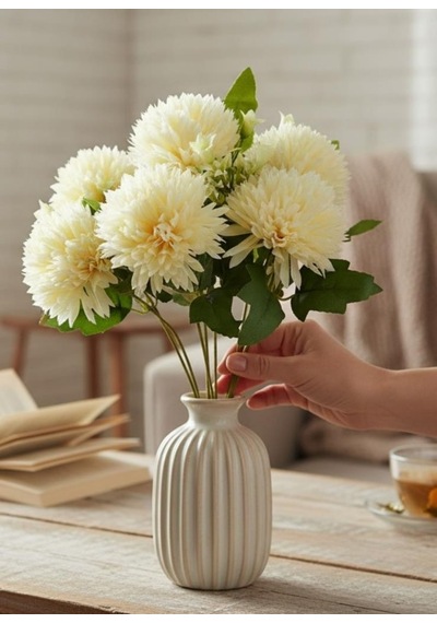 Yapay Çiçek Krizantem Krem Renk Kartopu Büyük Boy 7 Toplu 40cm Krem