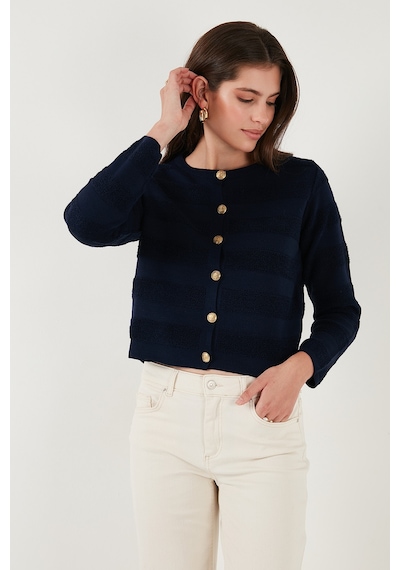 Lela Premium Regular Fit Bisiklet Yaka Düğmeli Dokulu Triko Bayan Hırka 680Hi00337 Lacivert
