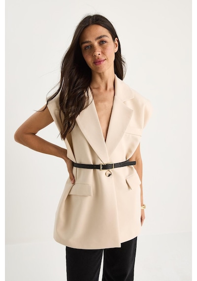 Shade Kadın Cep Detaylı Kemerli Vatkalı Oversize Astarlı Blazer Yelek 11143 60281003 - Bej