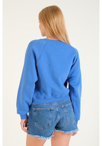 Giyim Dünyası Kadın 3 İp Şardonlu Sıfır Yaka Oversize Sweatshirt Mavi 001