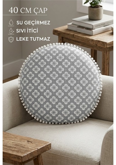 Sandalye Minderi Yuvarlak Gri Çiçek Desenli Ponponlu Leke Tutmaz Bahçe Sandalye Pufu 40cm Çok Renkli