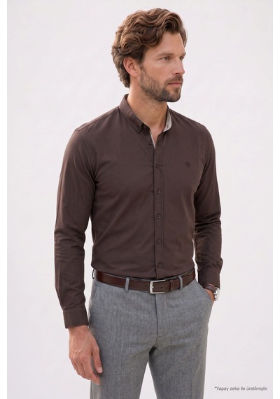 Tudors Regular Fit Rahat Kesim Oxford Doku Uzun Kollu Düğmeli Yaka Pamuklu Koyu Kahve Erkek Gömlek-52915 Tudors Regular Fit Rahat Kesim Oxford Doku Uzun Kollu Düğmeli Yaka Pamuklu Koyu Kahve Erkek Gömlek-52915