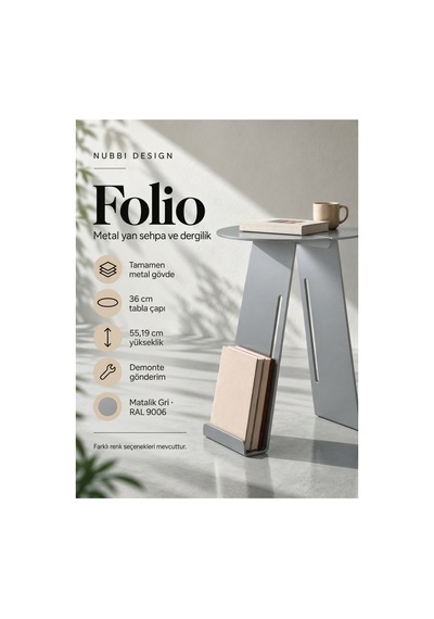 Folio Modern Metal Yan Sehpa Ve Dergilik, Yuvarlak Koltuk Kenarı Kitaplık Sehpa Gümüş - 945341616 Gümüş