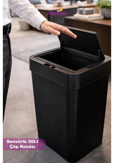 Follow Me Sensörlü Çöp Kovası 50 L Siyah Temassız Otomatik Kapaklı Plastik Çöp Kutusu Renk Siyah