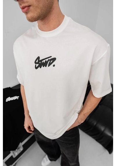 Barlashive Erkek Tişört Yazlık Baskılı Oversize Kısa Kol T-shirt - Beyaz Çok Renkli