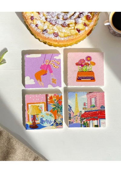 Arslart Renkli Retro Desenli Doğal Taş Bardak Altlığı Seti, 4'lü Diğer