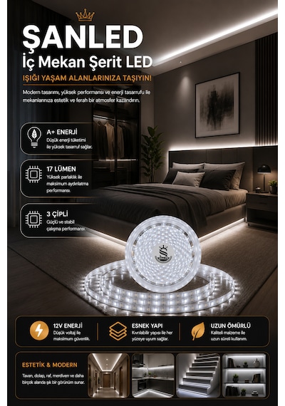 3 Çipli Şerit Led Beyaz Işık Rengi 12v 5 Metre