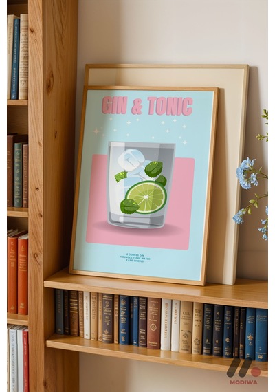 Gin Tonic İllüstrasyon, Ahşap Çerçeveli Duvar Tablosu - Mutfak Dekorasyonu