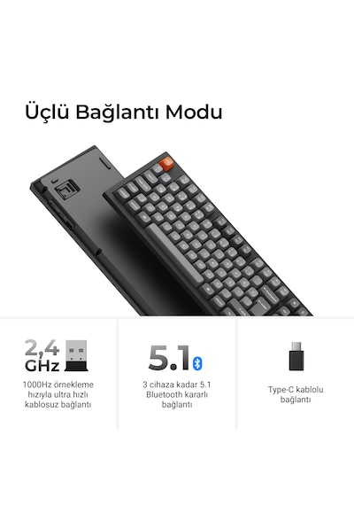 Keychron K10 Max Super Red Switch 1000 Hz Çift Atışlı Pbt Tuş Kapakları Rgb Aydınlatmalı Kablosuz Siyah Mekanik Klavye (K10M-H1-Tr)