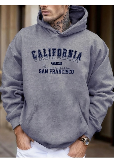 Startmore Tarzsokak California San Francisco Est 1997 Baskılı Yumuşak Bol Kapüşonlu Üstler Polar Sonbahar Spor Gi Gri