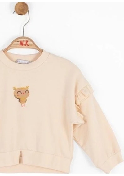 Nk Kids Kız Bebek İçi Şardonlu Oversize Baykuş Baskılı Sweatshirt-14718 Krem