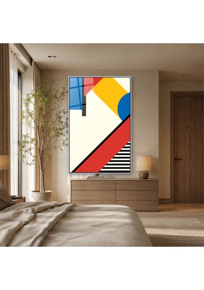 Kırmızı Mavi Sarı Bauhaus Blokları Gümüş Çerçeveli Cam Tablo