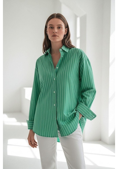 Madmext Mint Yeşili Çizgili Regular Kesim Kadın Gömlek Mg2610 Mint Yeşili