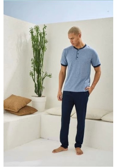 Moon Wear Erkek 2091 Erkek Midi Yaka Pijama Takım Mavi