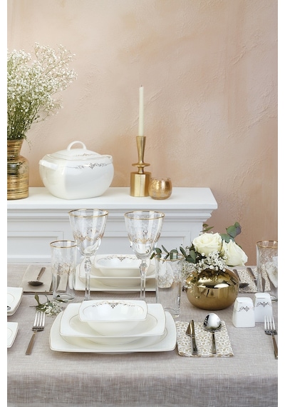Emsan Fine Bone Lorella Gold 61 Parça 12 Kişilik Kare Yemek Takı