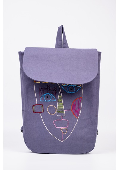 Fabric Craft Bag Sırt Çantası Pamuklu Nakışlı Figür Desen Mor