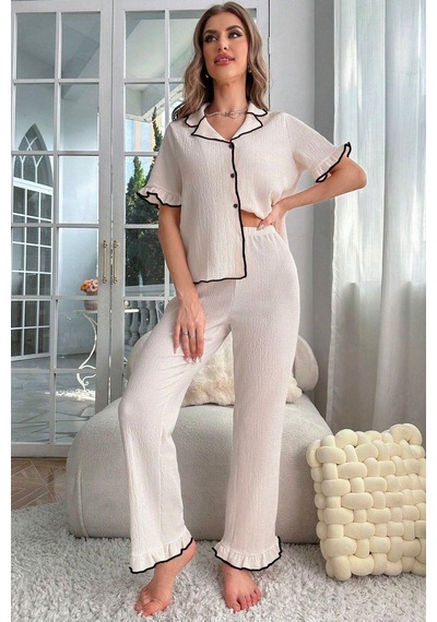 Bella Notte Bej Kısa Kollu Düğmeli Mevsimlik Pijama Takımı