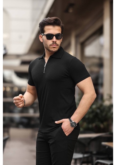 Eg38 Yarım Fermuar Polo Yaka Tşört Siyah