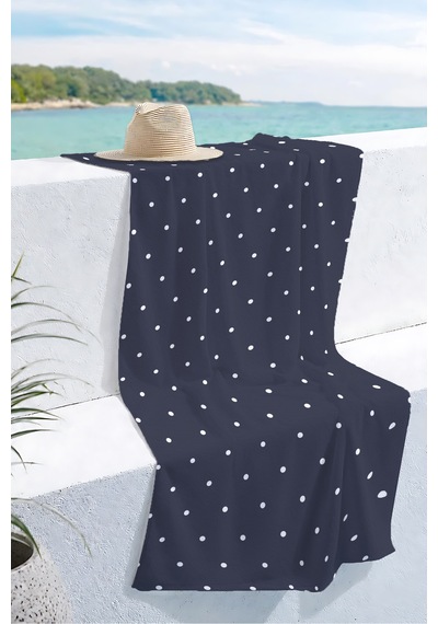 Puantiyeli Lacivert Beyaz Plaj Havlusu - Minimalist Modern Noktalı Hızlı Kuruyan Mikrofiber Havlu Eski Kanyon
