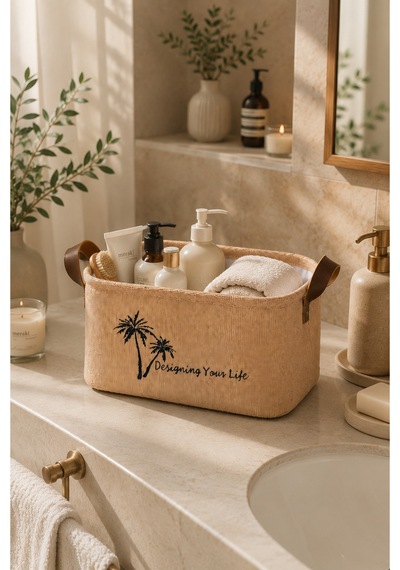 Jüt Kumaş Düzenleyici Sepet 34x24x20 Cm Açık Ağızlı Organizer Sepeti Raf Dolap Banyo Düzenleyici Doğal