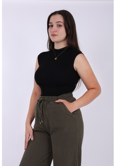 Myrab Denim Kadın Mavi Baggy Keten Pantolon Lastikli Bel Bağcıklı Rahat Geniş Paça Yazlık Pantolon Haki