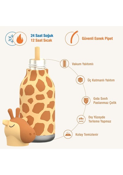 Asobu Bestie Bottle - Giraffe Yalıtımlı Paslanmaz Çelik Su Şişesi, Pipetli, 460ml Çok Renkli