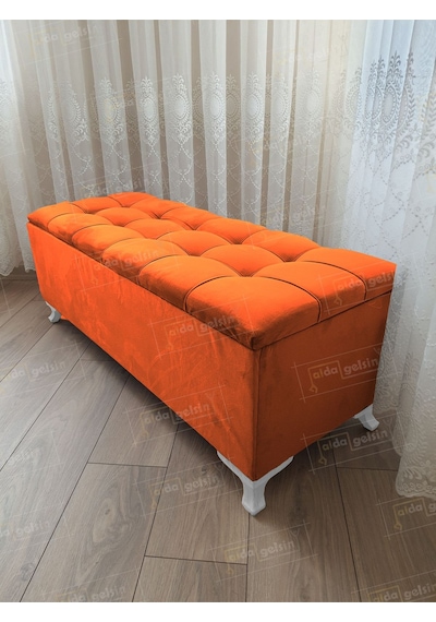 Çizgi Kapitoneli Sandıklı Puf 110 Cm Beyaz Ayak Pembe