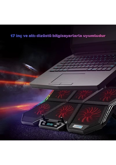Rgb Işıklı 6 Fanlı 7 Kademeli Lcd Göstergeli Notebook Laptop Soğutucu Stand Coolcold 17 İnç Sessiz