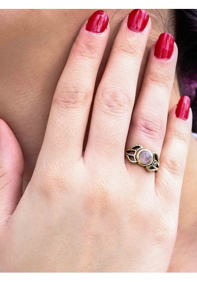 Doğal Taş Pembe Kuvars Taşlı Antik Model Kadın Ayarlanabillir Yüzük Euy79pk Pembe