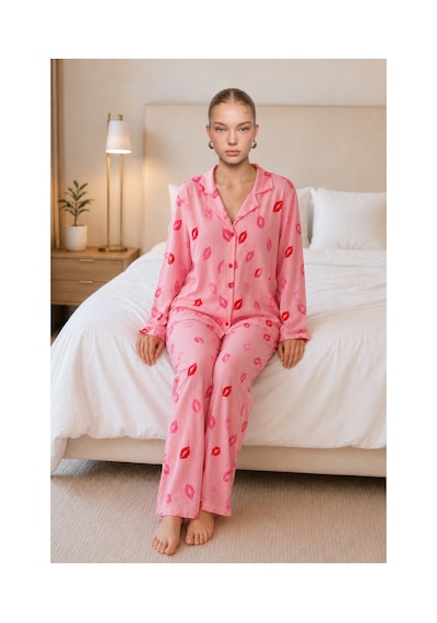 Fit Women Kadın Dudak Desenli Pembe Pijama Takımı 4677
