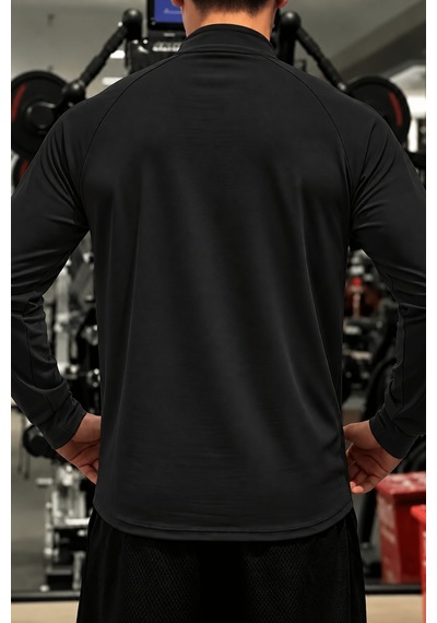 Genius Store Erkek Yarım Fermuarlı Compression Uzun Kol Spor Tişört Ve Fitness Tişörtü Dalgıç-uzun Siyah
