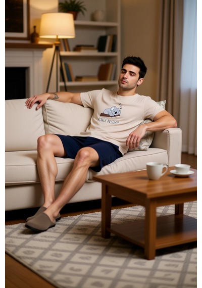 Frm Erkek Ve Indigo Koala Baskılı Pijama Takımı Fonksiyonel Dayanıklı Bej