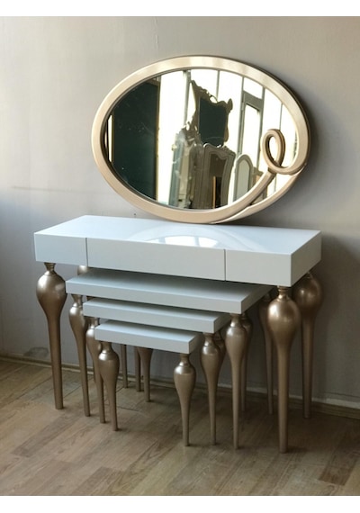 Dresuar-ZİGON TOMBUL İmza Oval ayna Model Ahşap Kayın torna MDF Tabla Parlak GOLD-Beyaz Boya UYUMU Ahşap