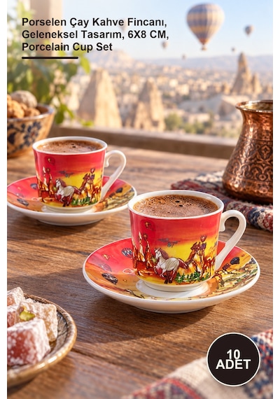 10 Adet Yöresel İkili Fincan Seti Porselen Çay Kahve Fincanı, Geleneksel Tasarım, 6x8 Cm, Porcelain Cup Set Diğer