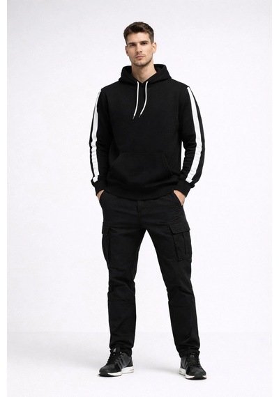 Barlashive Erkek Şeritli Kapüşonlu Sweatshirt Oversize 3 İplik Pamuklu Hoodie - Siyah Çok Renkli