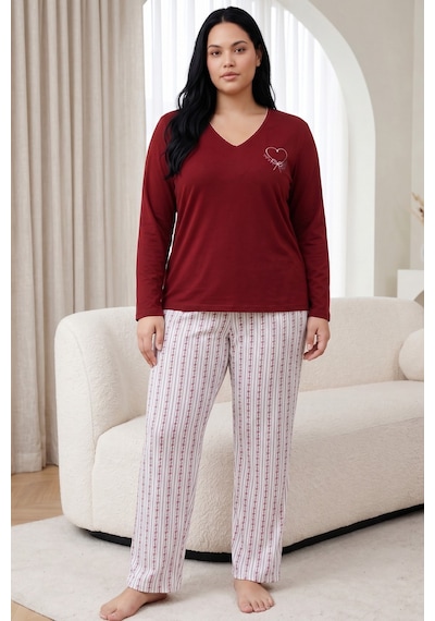 Siyah İnci Nakışlı Pamuklu Likralı Büyük Beden Battal Boy Örme Pijama Takım26240921 Bordo