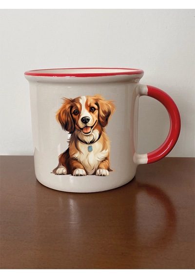 Sevimli Köpek Temalı Kırmızı Ağızlı Kupa Bardak - Seramik Çay, Kahve Hediyelik Bardağı Beyaz