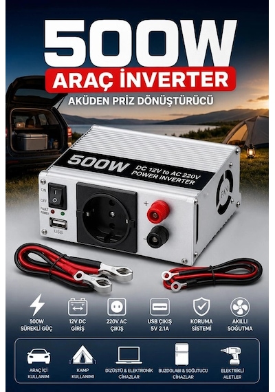 Araç Ve Karavan İçin 500w 12v Dc 220v Ac Usb Çıkışlı Fanlı İnverter Akü Güç Dönüştürücü