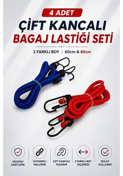 4 Adet Çift Kancalı Bagaj Lastiği Seti - 2 Farklı Boy 60cm Ve 80cm - Sabitleme Lastiği