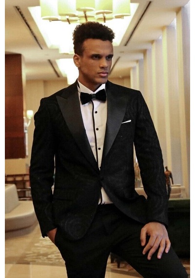 Wessi Hipnoz Desen Sivri Yaka Slim Fit Siyah Erkek Smokin Ceket Siyah