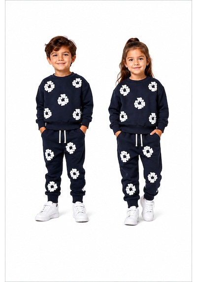 Mavi Boncukk Çocuk Unisex Kabartma Baskılı Detaylı Oversize Alt Üst Eşofman Takımı Lacivert