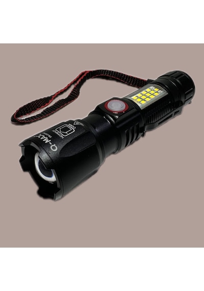 Q-max Ps-2306c Ultra Usb Şarjlı Polis El Feneri, Bekçi, Asker El Feneri Kırmızı Mavi Çakarlı 1000 Lümen Siyah